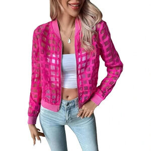 Women's Pink Summer Mesh Sheer Bomber Jacket Cropped Baseball Collar